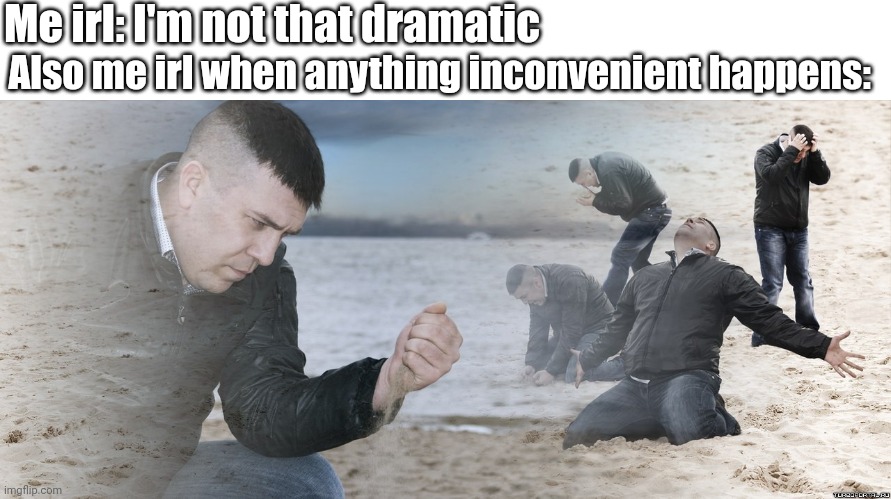 It's The Hormones I Swear | Me irl: I'm not that dramatic; Also me irl when anything inconvenient happens: | image tagged in guy with sand in the hands of despair | made w/ Imgflip meme maker