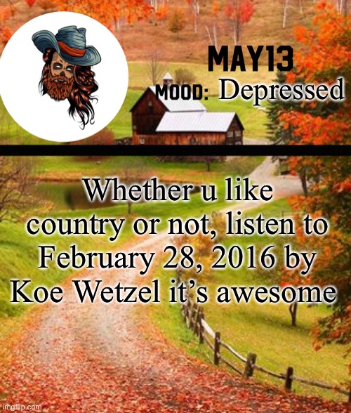 Koe is such a cool name ngl | Depressed; Whether u like country or not, listen to February 28, 2016 by Koe Wetzel it’s awesome | image tagged in may13 temp | made w/ Imgflip meme maker