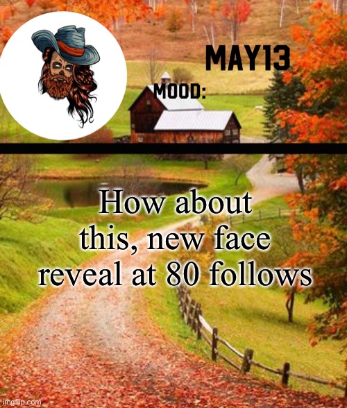 I lost like 20 follow after I quit during the summer so I need em back | How about this, new face reveal at 80 follows | image tagged in may13 temp | made w/ Imgflip meme maker