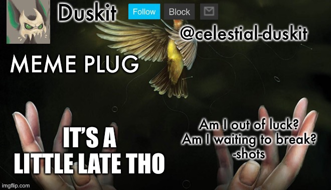 Duskit’s meme plug temp (imagine dragons) | IT’S A LITTLE LATE THO | image tagged in duskit s meme plug temp imagine dragons | made w/ Imgflip meme maker