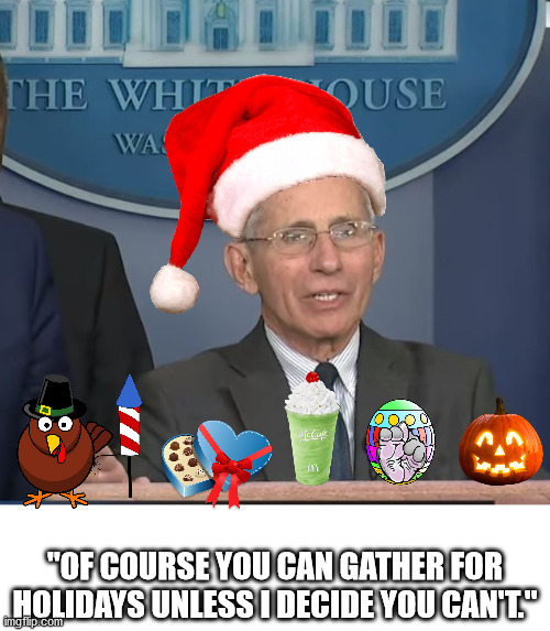 The Holiday King | "OF COURSE YOU CAN GATHER FOR HOLIDAYS UNLESS I DECIDE YOU CAN'T." | image tagged in dr fauci | made w/ Imgflip meme maker