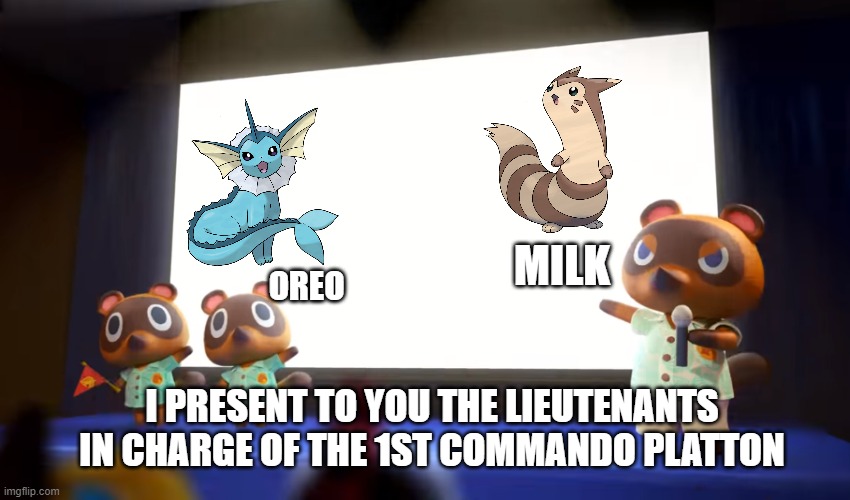 NO SHIPPING  (mod note: oki) | MILK; OREO; I PRESENT TO YOU THE LIEUTENANTS IN CHARGE OF THE 1ST COMMANDO PLATTON | image tagged in animal crossing presentation | made w/ Imgflip meme maker