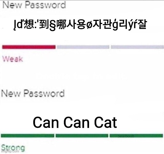 Password strength |  Įď想:'到§哪사용ø자관ģ리ýŕ잘; Can Can Cat | image tagged in password strength | made w/ Imgflip meme maker