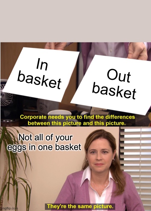 They're The Same Picture Meme | In basket; Out basket; Not all of your eggs in one basket | image tagged in memes,they're the same picture | made w/ Imgflip meme maker