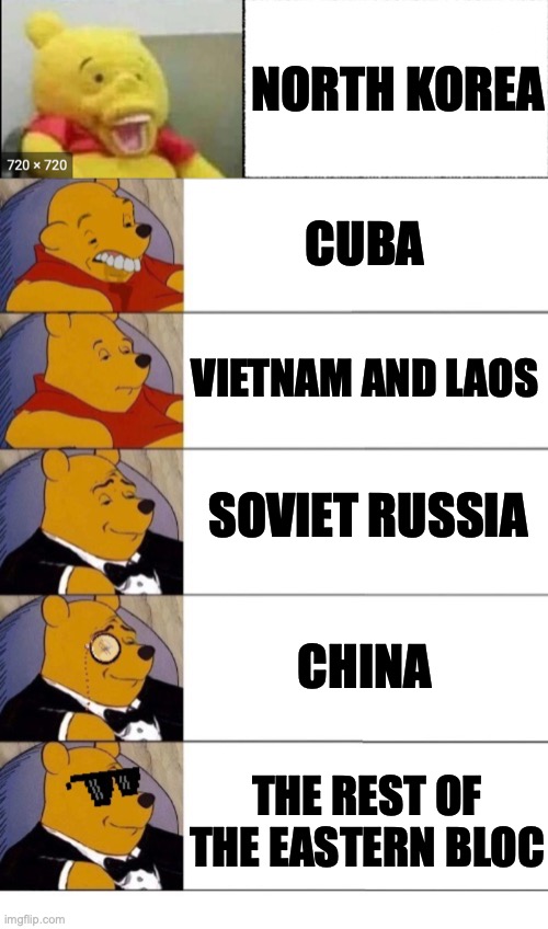 NORTH KOREA; CUBA; VIETNAM AND LAOS; SOVIET RUSSIA; CHINA; THE REST OF THE EASTERN BLOC | image tagged in winnie the pooh v 20 | made w/ Imgflip meme maker