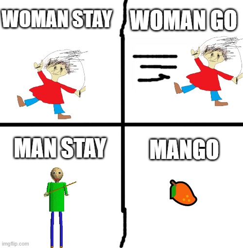 Man stay... (baldi's basics version improved) | WOMAN STAY; WOMAN GO; MAN STAY; MANGO; 🥭 | image tagged in memes,blank starter pack | made w/ Imgflip meme maker