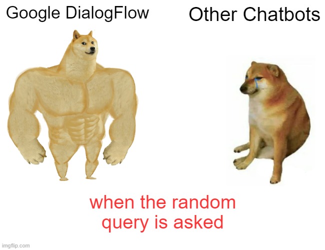 Dialogflow vs chatbots | Google DialogFlow; Other Chatbots; when the random query is asked | image tagged in memes,buff doge vs cheems | made w/ Imgflip meme maker