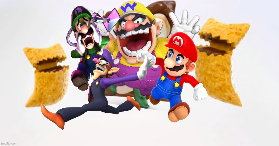wario waluigi luigi and mario dies from krave cereal after eating a chocolate bar and drinking chocolate milk | image tagged in wario,wario dies,krave cereal,mario,waluigi,luigi | made w/ Imgflip meme maker