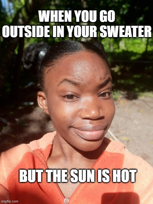 When it is too hot outside | WHEN YOU GO OUTSIDE IN YOUR SWEATER; BUT THE SUN IS HOT | image tagged in fall season,sunny,fall,funny,sweater,outside | made w/ Imgflip meme maker