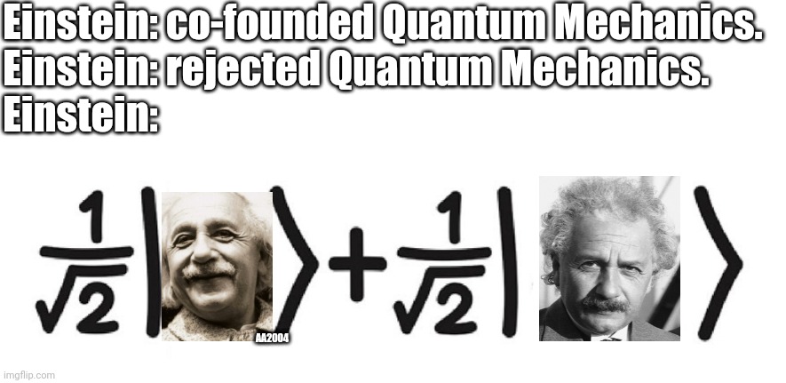 Maybe I am a Schrodinger cat | Einstein: co-founded Quantum Mechanics.
Einstein: rejected Quantum Mechanics.
Einstein:; AA2004 | image tagged in quantum physics,einstein,albert einstein,physicsmemes | made w/ Imgflip meme maker