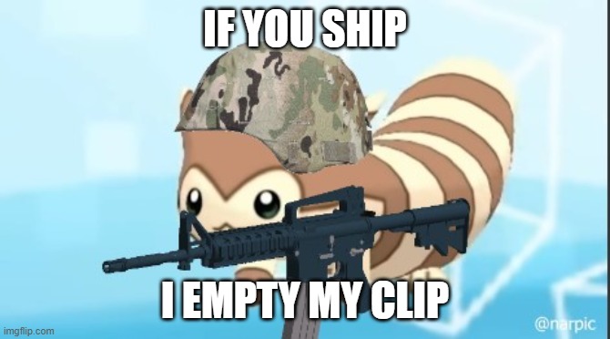 furret army | IF YOU SHIP I EMPTY MY CLIP | image tagged in furret army | made w/ Imgflip meme maker