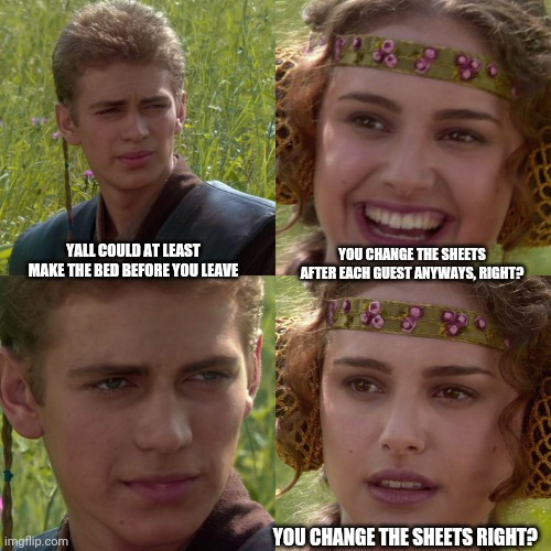 B n B |  YALL COULD AT LEAST MAKE THE BED BEFORE YOU LEAVE; YOU CHANGE THE SHEETS AFTER EACH GUEST ANYWAYS, RIGHT? YOU CHANGE THE SHEETS RIGHT? | image tagged in anakin padme 4 panel | made w/ Imgflip meme maker