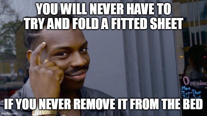 the best workaround | YOU WILL NEVER HAVE TO TRY AND FOLD A FITTED SHEET; IF YOU NEVER REMOVE IT FROM THE BED | image tagged in memes,roll safe think about it | made w/ Imgflip meme maker