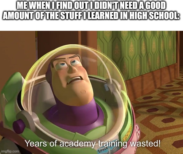 years of academy training wasted | ME WHEN I FIND OUT I DIDN'T NEED A GOOD AMOUNT OF THE STUFF I LEARNED IN HIGH SCHOOL: | image tagged in years of academy training wasted | made w/ Imgflip meme maker