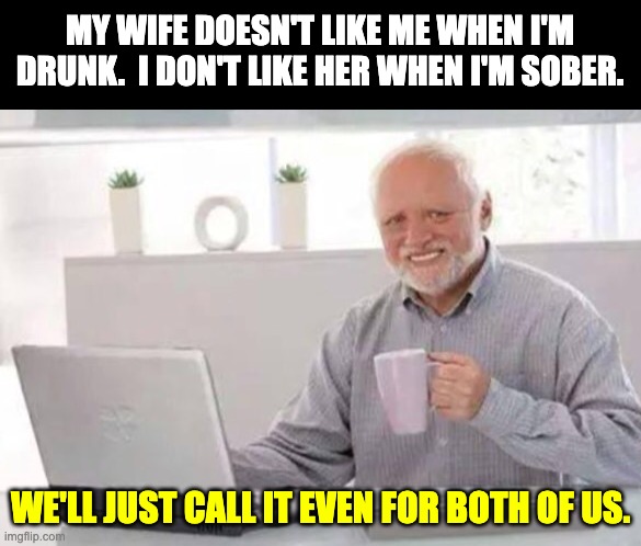 Call it even | MY WIFE DOESN'T LIKE ME WHEN I'M DRUNK.  I DON'T LIKE HER WHEN I'M SOBER. WE'LL JUST CALL IT EVEN FOR BOTH OF US. | image tagged in harold | made w/ Imgflip meme maker