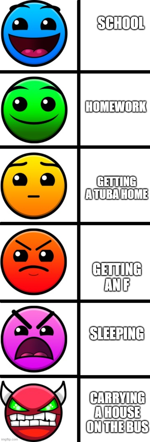 my week be like | SCHOOL; HOMEWORK; GETTING A TUBA HOME; GETTING AN F; SLEEPING; CARRYING A HOUSE ON THE BUS | image tagged in geometry dash difficulty faces | made w/ Imgflip meme maker