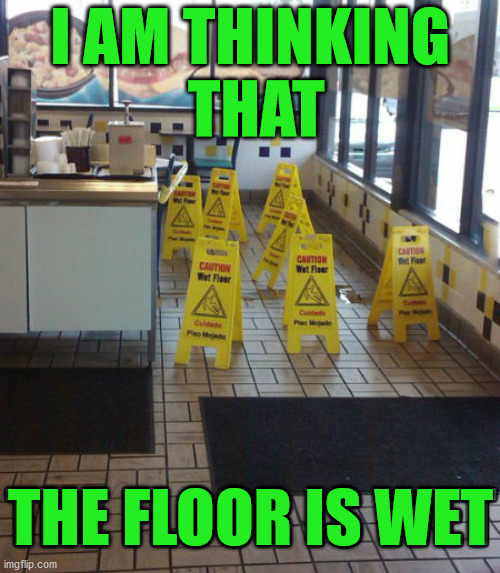 I warn you | I AM THINKING
 THAT; THE FLOOR IS WET | image tagged in flooding,wet,warning sign | made w/ Imgflip meme maker