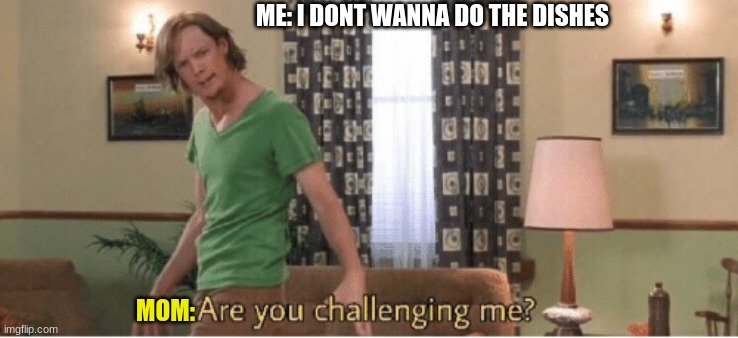 shaggy | ME: I DONT WANNA DO THE DISHES; MOM: | image tagged in are you challenging me | made w/ Imgflip meme maker