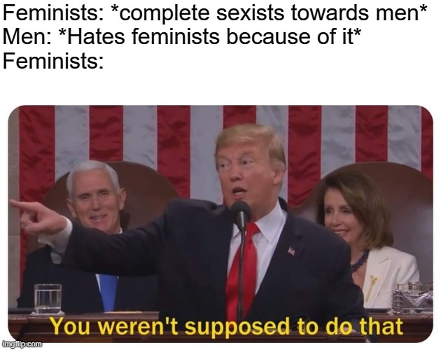 You weren't supposed to do that | Feminists: *complete sexists towards men*
Men: *Hates feminists because of it*
Feminists: | image tagged in you weren't supposed to do that,feminism,sexism,feminazi,feminists,oh wow are you actually reading these tags | made w/ Imgflip meme maker