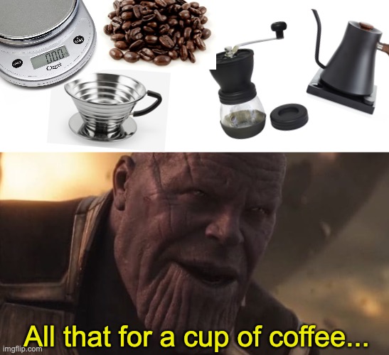 only pour-over chads will understand | All that for a cup of coffee... | image tagged in thanos all that for a drop of blood | made w/ Imgflip meme maker