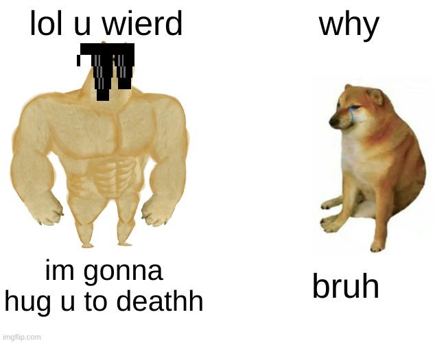 bruh | lol u wierd; why; im gonna hug u to deathh; bruh | image tagged in memes,buff doge vs cheems | made w/ Imgflip meme maker