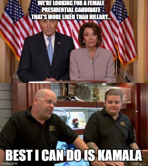 If Democrats were trying to find a more likable person than Hillary to run...they failed. | WE'RE LOOKING FOR A FEMALE PRESIDENTIAL CANDIDATE THAT'S MORE LIKED THAN HILLARY... BEST I CAN DO IS KAMALA | image tagged in chuck and nancy,pawn stars best i can do | made w/ Imgflip meme maker