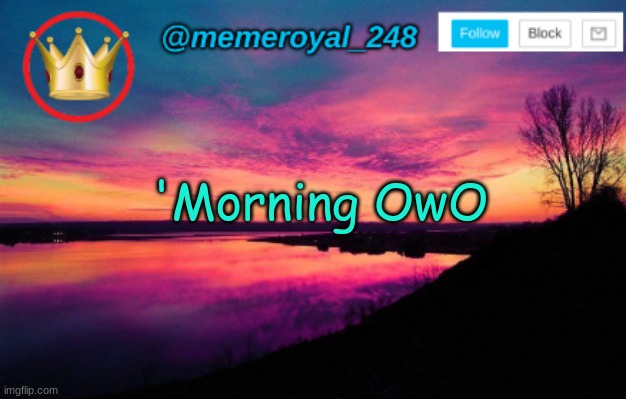 Good morninggggggg | 'Morning OwO | image tagged in memeroyal_248 announcement temp,morning,tired,ouo | made w/ Imgflip meme maker