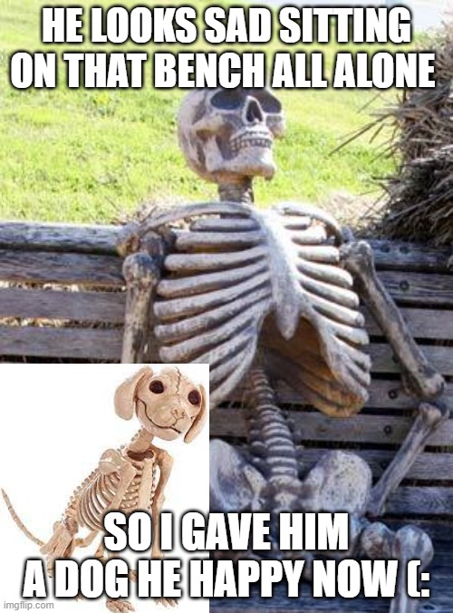he has friend now (: | HE LOOKS SAD SITTING ON THAT BENCH ALL ALONE; SO I GAVE HIM A DOG HE HAPPY NOW (: | image tagged in memes,waiting skeleton,dog,wholesome | made w/ Imgflip meme maker
