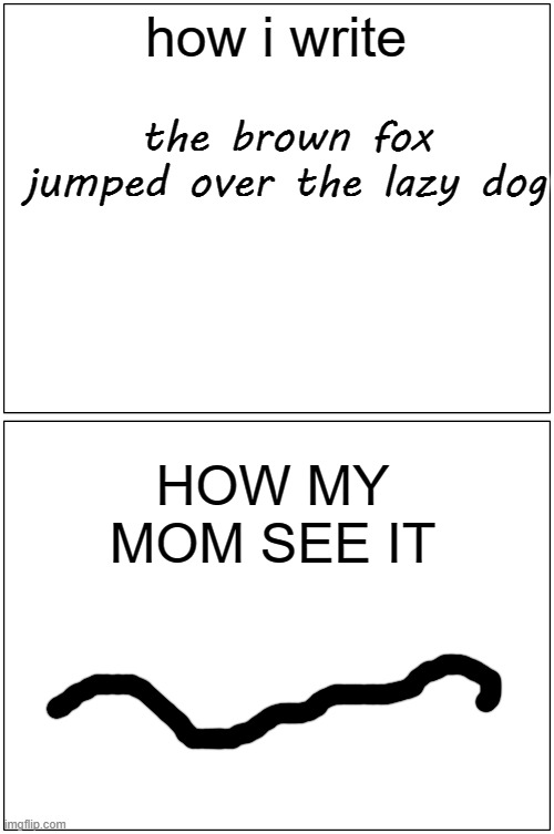 why |  how i write; the brown fox jumped over the lazy dog; HOW MY MOM SEE IT | image tagged in memes,blank comic panel 1x2 | made w/ Imgflip meme maker