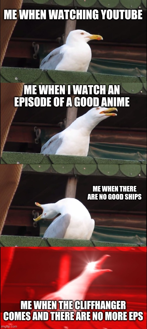 Inhaling Seagull | ME WHEN WATCHING YOUTUBE; ME WHEN I WATCH AN EPISODE OF A GOOD ANIME; ME WHEN THERE ARE NO GOOD SHIPS; ME WHEN THE CLIFFHANGER COMES AND THERE ARE NO MORE EPS | image tagged in memes,inhaling seagull | made w/ Imgflip meme maker