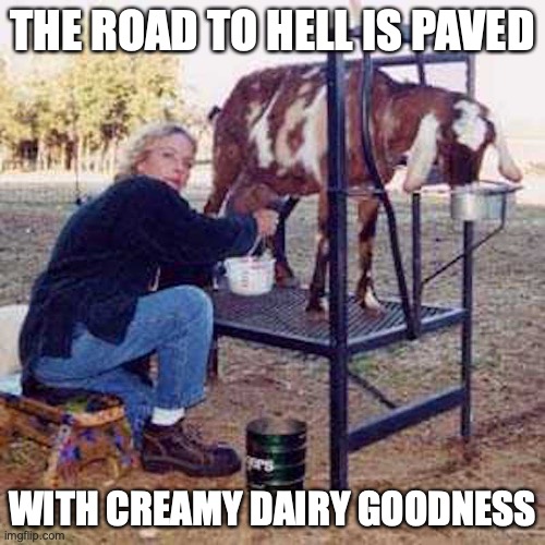 Goat Milker | THE ROAD TO HELL IS PAVED; WITH CREAMY DAIRY GOODNESS | image tagged in memes,goat,milk | made w/ Imgflip meme maker
