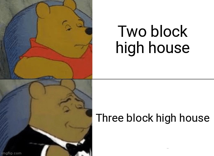 Tuxedo Winnie The Pooh Meme | Two block high house; Three block high house | image tagged in memes,tuxedo winnie the pooh | made w/ Imgflip meme maker