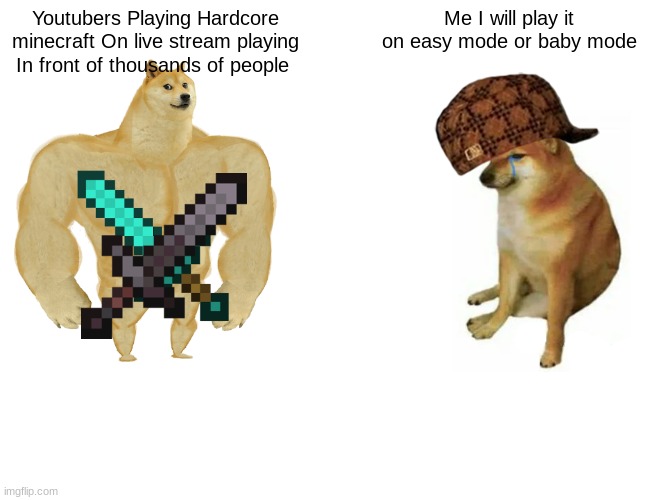 Buff Doge vs. Cheems Meme | Youtubers Playing Hardcore minecraft On live stream playing In front of thousands of people; Me I will play it on easy mode or baby mode | image tagged in memes,buff doge vs cheems | made w/ Imgflip meme maker