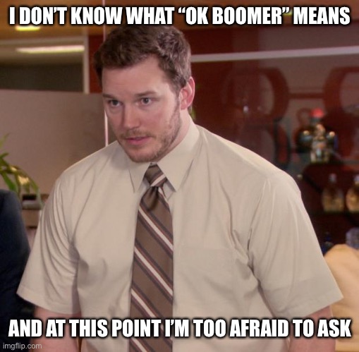 Daily relatable memes #30 | I DON’T KNOW WHAT “OK BOOMER” MEANS; AND AT THIS POINT I’M TOO AFRAID TO ASK | image tagged in memes,afraid to ask andy | made w/ Imgflip meme maker