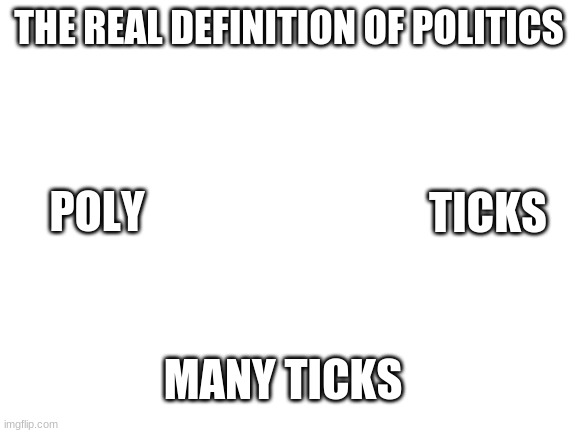 Blank White Template | THE REAL DEFINITION OF POLITICS; POLY; TICKS; MANY TICKS | image tagged in blank white template | made w/ Imgflip meme maker