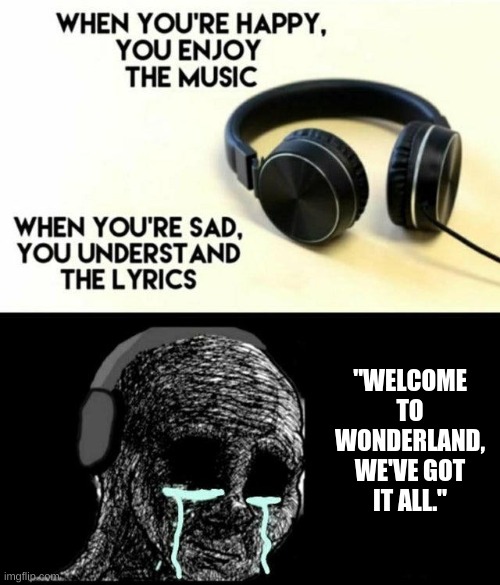 I love this song | "WELCOME TO WONDERLAND, WE'VE GOT IT ALL." | image tagged in sad lyrics,welcome | made w/ Imgflip meme maker