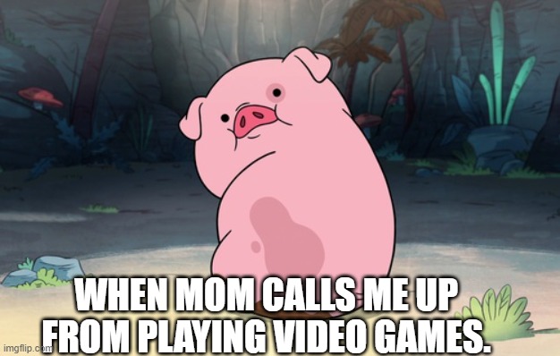 oink oink! | WHEN MOM CALLS ME UP FROM PLAYING VIDEO GAMES. | image tagged in gravity falls pig | made w/ Imgflip meme maker