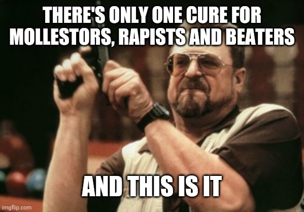 Am I The Only One Around Here |  THERE'S ONLY ONE CURE FOR MOLLESTORS, RAPISTS AND BEATERS; AND THIS IS IT | image tagged in memes,am i the only one around here | made w/ Imgflip meme maker