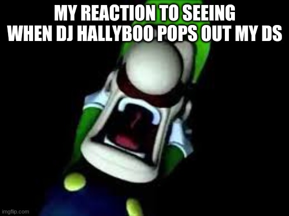 AAAAAAAAAAAAAAA | MY REACTION TO SEEING WHEN DJ HALLYBOO POPS OUT MY DS | image tagged in luigi screaming | made w/ Imgflip meme maker