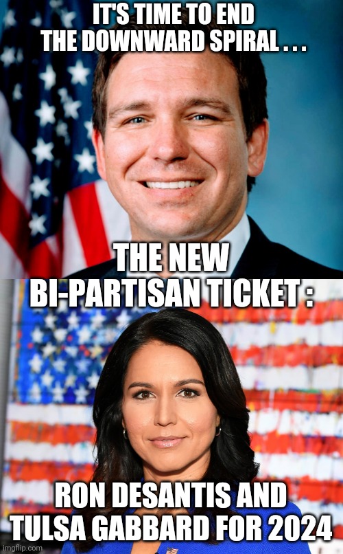 Let's Re-Start | IT'S TIME TO END THE DOWNWARD SPIRAL . . . THE NEW BI-PARTISAN TICKET :; RON DESANTIS AND TULSA GABBARD FOR 2024 | image tagged in tulsi,ron desantis,biden,2024,liberals,democrats | made w/ Imgflip meme maker