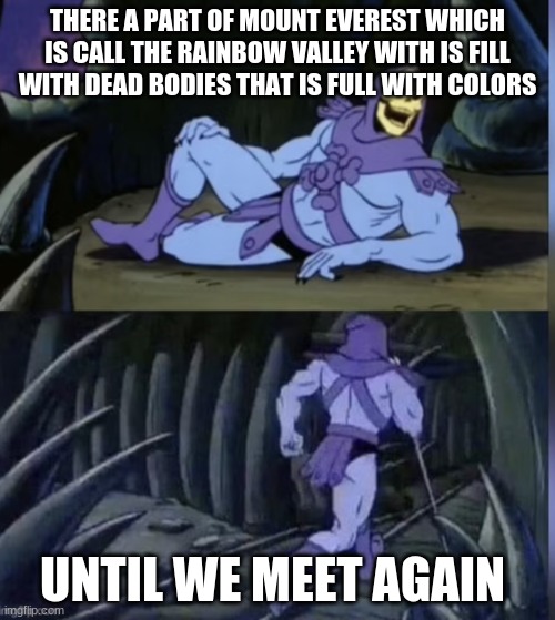 rainbows | THERE A PART OF MOUNT EVEREST WHICH IS CALL THE RAINBOW VALLEY WITH IS FILL WITH DEAD BODIES THAT IS FULL WITH COLORS; UNTIL WE MEET AGAIN | image tagged in skeltor facts | made w/ Imgflip meme maker