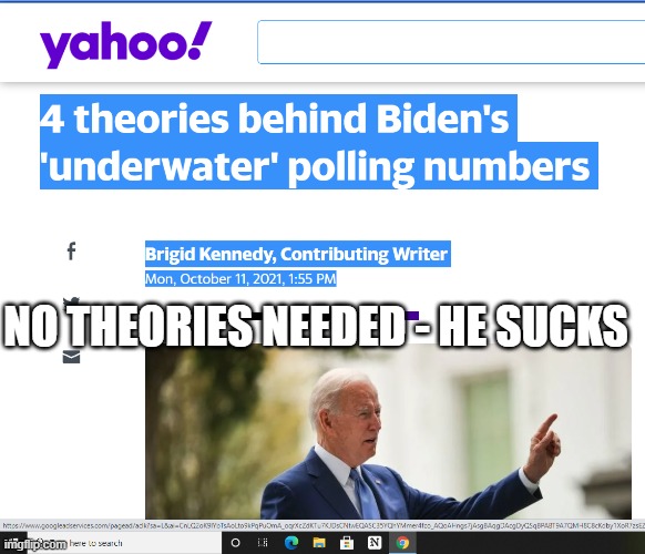 Joe Biden "Theories" | NO THEORIES NEEDED - HE SUCKS | image tagged in joe biden,politics | made w/ Imgflip meme maker