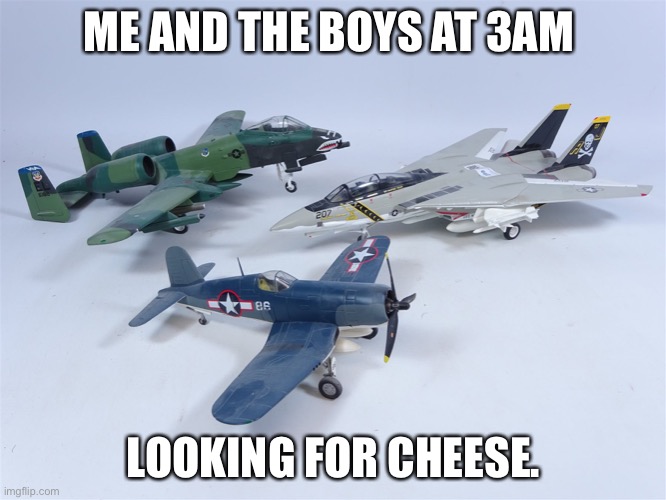 Yep | ME AND THE BOYS AT 3AM; LOOKING FOR CHEESE. | image tagged in a-10 warthog / f-14 tomcat / f4u corsair models | made w/ Imgflip meme maker