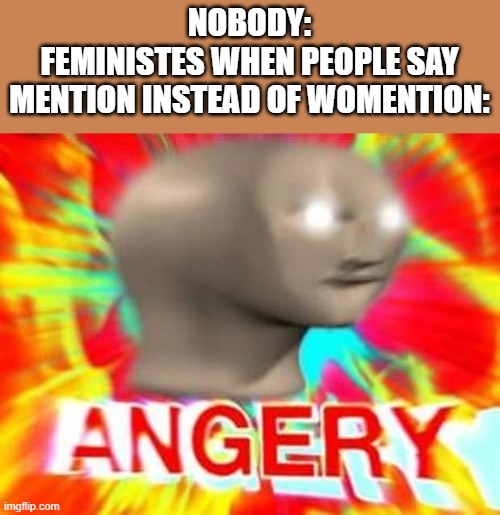 angry | NOBODY:
FEMINISTES WHEN PEOPLE SAY MENTION INSTEAD OF WOMENTION: | image tagged in angry meme man | made w/ Imgflip meme maker