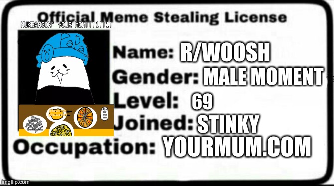 ? | R/WOOSH; MALE MOMENT; 69; STINKY; YOURMUM.COM | image tagged in meme stealing license | made w/ Imgflip meme maker