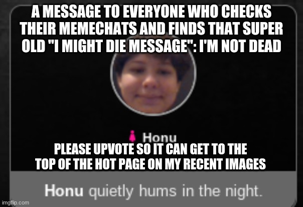 i quietly hum | A MESSAGE TO EVERYONE WHO CHECKS THEIR MEMECHATS AND FINDS THAT SUPER OLD "I MIGHT DIE MESSAGE": I'M NOT DEAD; PLEASE UPVOTE SO IT CAN GET TO THE TOP OF THE HOT PAGE ON MY RECENT IMAGES | image tagged in i quietly hum | made w/ Imgflip meme maker