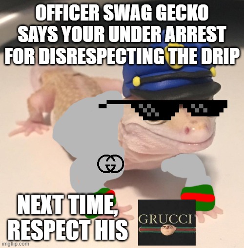 Respect the Grucci | OFFICER SWAG GECKO SAYS YOUR UNDER ARREST FOR DISRESPECTING THE DRIP; NEXT TIME, RESPECT HIS | image tagged in officer gecko,gru,grucci,gecko,stop reading the tags | made w/ Imgflip meme maker