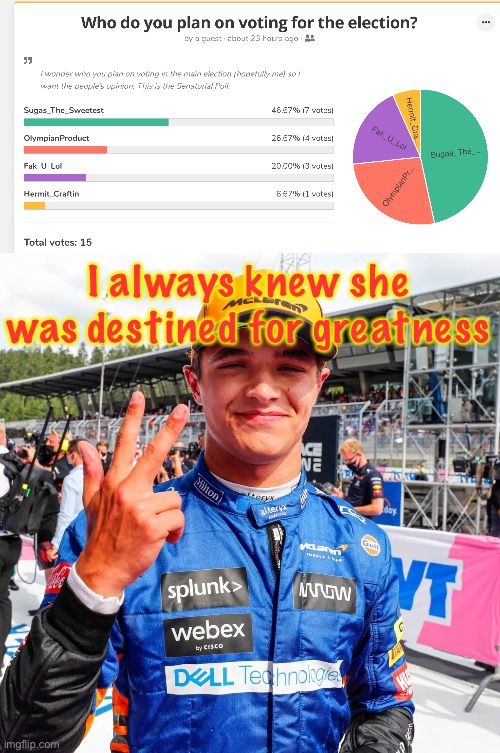 SuGaS destroys the opposition (then again, that’s what happens when your rivalry is paper and I mean Hermit) | I always knew she was destined for greatness | image tagged in lando norris | made w/ Imgflip meme maker