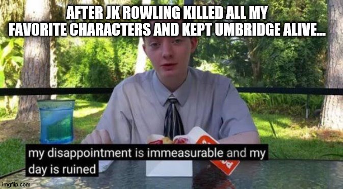 Can anyone relate to this? | AFTER JK ROWLING KILLED ALL MY FAVORITE CHARACTERS AND KEPT UMBRIDGE ALIVE... | image tagged in my disappointment is immesurable | made w/ Imgflip meme maker