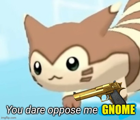 When furret sees an evil gnome | GNOME | image tagged in furret you dare oppose me mortal,gnome,furret,pokemon | made w/ Imgflip meme maker